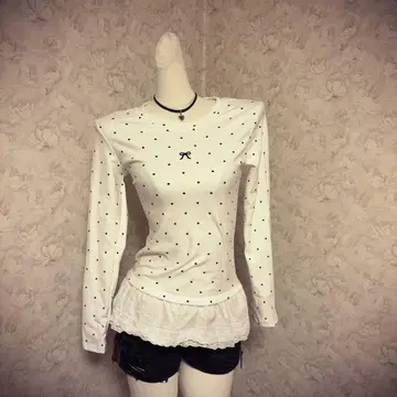 헤이세이 갸루 히메 스타일 도트 무늬 긴팔 상의 (화이트) Y2K