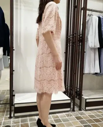 over E. 핑크 레이스 반팔 무릎 기장 원피스