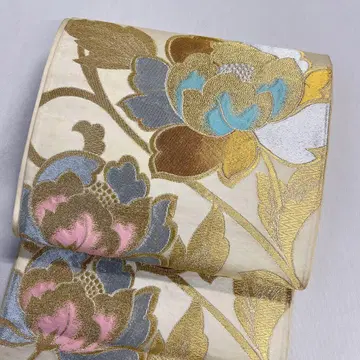 후쿠로 오비 순수 실크 앤티크 금실 은실 모란 꽃 무늬 기모노 053t