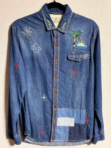 데님 셔츠 던가리 셔츠 자수 패치 L 새 야자수 태양 무당벌레