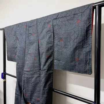 코몬 오시마 명주 꽃 무늬 네이비 오렌지 안감 기모노 013t