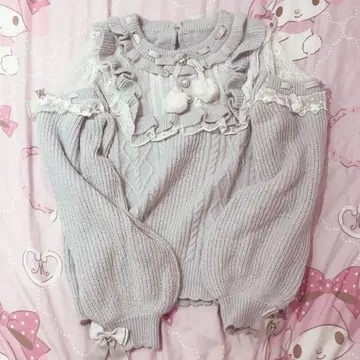 LIZLISA 폼폼 리본 레이스 요크 니트탑 리즈리사