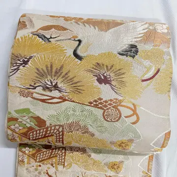 후쿠로 오비 금실 학 문양 매화 소나무 부채 문양 기모노 101t