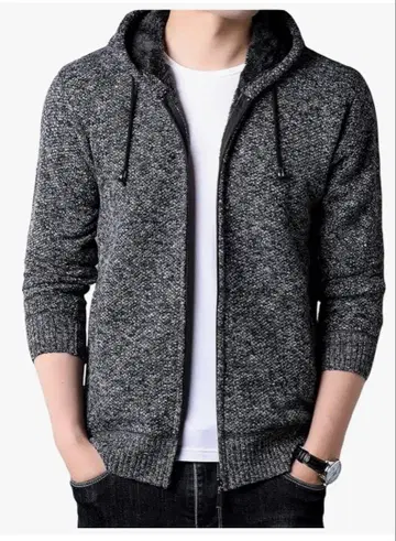 XL 다크 그레이 지퍼 후드티 보아 안감 니트 코트 따뜻한