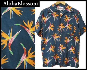 명작 일본제 아로하 블라썸 극락조화 레이온 하와이안 셔츠 네이비 38