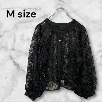 자수 레이스 블라우스 블랙 긴팔 M 사이즈 앞 버튼 소매 와이드 둥근넥
