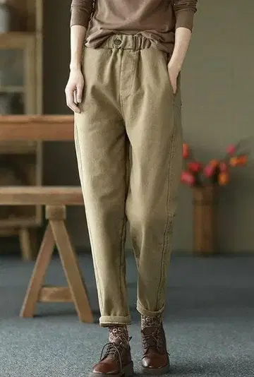 XL 울트라 웜 안감 퍼 슬림 전체 밴딩 포켓 테이퍼드 팬츠 베이지 XL