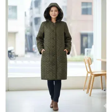 새상품급 더마 컬렉션 퀼팅 후드 부착 코트 카키 9AR 보아