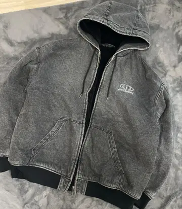 그레이 데님풍 후드 부착 후드티 보아