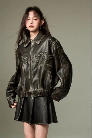 DIDDI MODA 리본 레트로 블랙 가죽 자켓