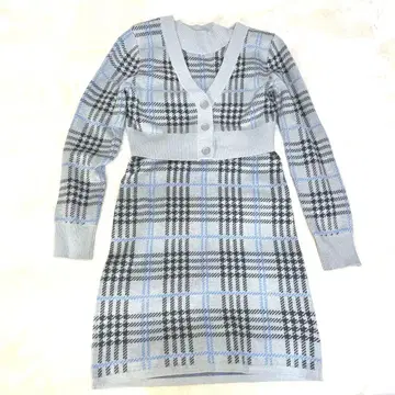 지유 니트 원피스 가디건 세트 블루 그레이 체크