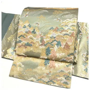 순수 실크 락 오비 후쿠로 오비 그린 금채 이부식 이중 북 츠쿠리 오비