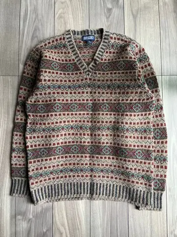 90s 랜즈 엔드 패턴 니트 V넥 영국제