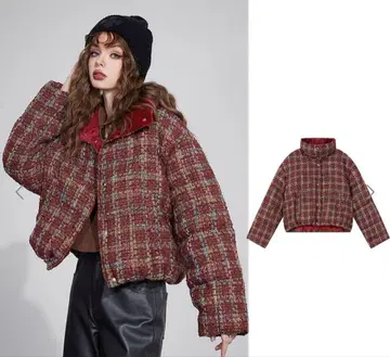 elfsack 큐트 트위드 체크 숏 다운 자켓