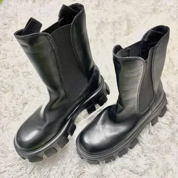 [ Hannah ] 사이드 고어 부츠 블랙 통굽 가죽 24.5cm