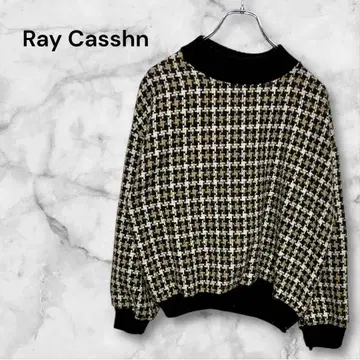 레이 카즌 체크 무늬 긴팔 니트 스웨터 둥근넥 레귤러 기장 F 사이즈