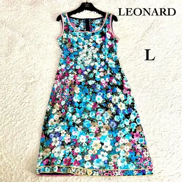[컨디션 최상] 레오나르 보타니컬 플라워 트림 A라인 원피스 블루
