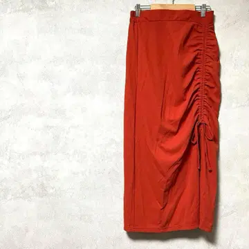 샤름 베이직 타이트 스커트 롱 기장 개더 슬릿 리본 홍차색