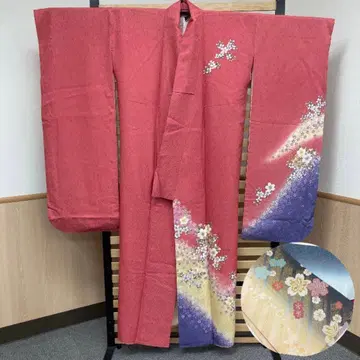 기모노 야마토 후리소데 핑크 보라색 꽃무늬 자수