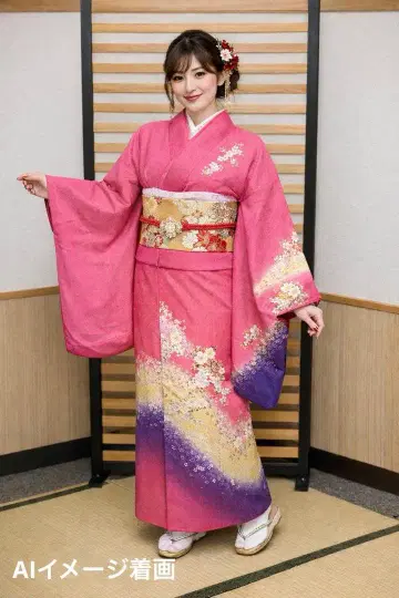 기모노 야마토 후리소데 핑크 보라색 꽃무늬 자수