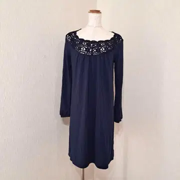 꽃무늬 레이스 원피스 긴팔 풀오버 [ M ] 네이비 계열 신축 롱 기장