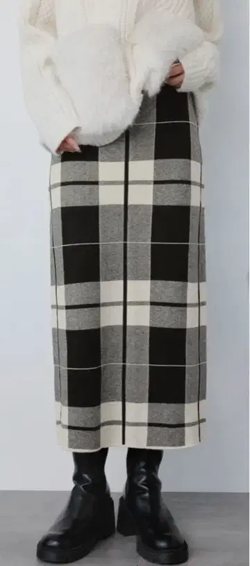 ELFRANK 체크 니트 내로우 스커트 / 니트 스커트 롱 기장 타이트