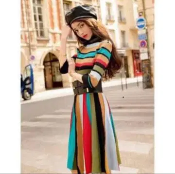 Emiria wiz 멀티 컬러 보더 플리츠 니트 원피스