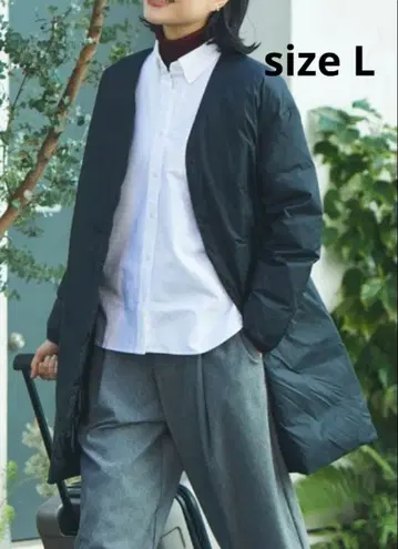 무인양품 노카라 다운 코트 롱 라이트 다운 블랙 L