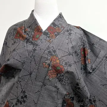 코몬 오시마 명주 진흙 염색 국화 색지 하나카게 기모노 019k