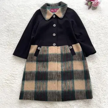 Super Beauty 둥근 카라 비쥬 체크 절개 성숙/러블리 코트 42