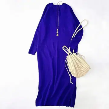 언슬리드 백밴딩 니트 원피스 퍼플 x 블랙 38 롱