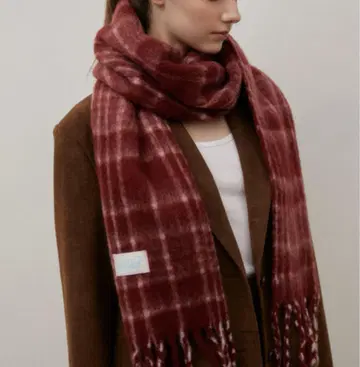울 혼방 빨간색 체크 무늬 머플러