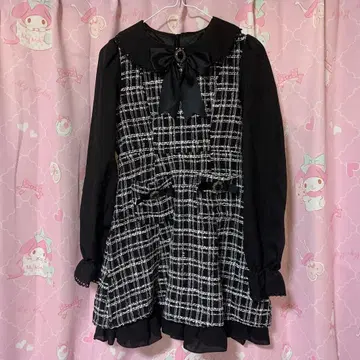 리본 포함 트위드풍 무릎 기장 원피스