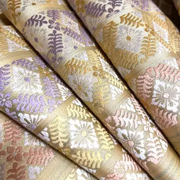 순수 실크 후쿠로 오비 [ 자수 꽃 거북이 등껍질 무늬 라인 ]