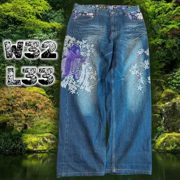 미야비유이 일본풍 패턴 잉어 벚꽃 자수 크레이프 원단 데님 팬츠 L