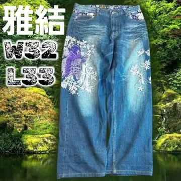 미야비유이 일본풍 패턴 잉어 벚꽃 자수 크레이프 원단 데님 팬츠 L