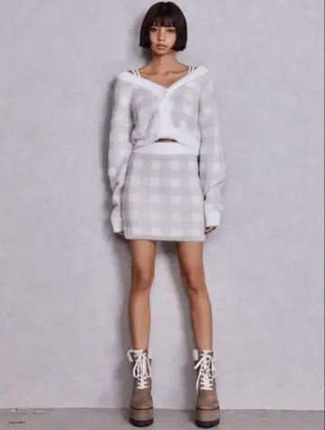 GYDA CHECK shaggy 니트 가디건 니트 스커트 세트