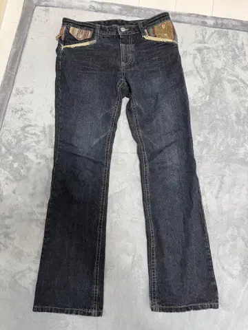 장식 허리 밴딩 다크 블루 스트레이트 데님