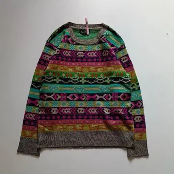 페어아일풍 네이티브 무늬 니트 S-M 상당 라메 믹스 컬러풀 캐주얼