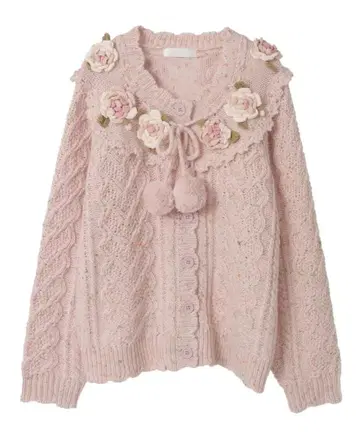 컨디션 최상 PINK HOUSE 장미 모티브 부착 요크 니트 가디건