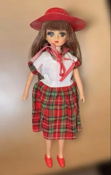 옷 갈아입히기 인형 빨간색 체크 인형에 빨간색 모자
