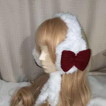 푹신푹신 리본 귀도리 크로셰 뜨개질 니트 핸드메이드 귀마개 귀마개 화이트