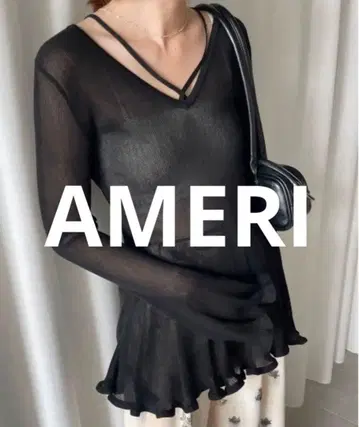 Ameri SHEER FRILL V NECK KNIT TOP
