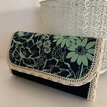 핸드메이드 장지갑 더블 지퍼 꽃무늬 그린 블랙