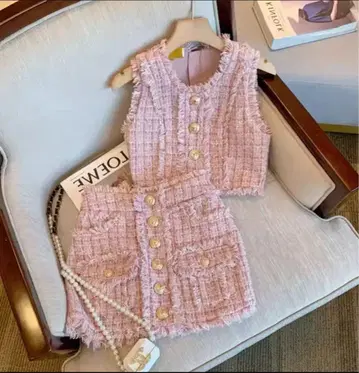 트위드 셋업 미니 드레스 2 피스 핑크 S 사이즈