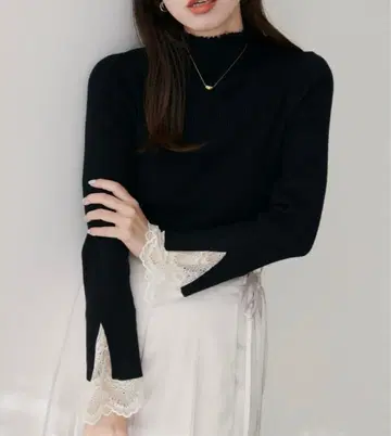 natural couture 소매 레이스 보들보들 리브 터틀