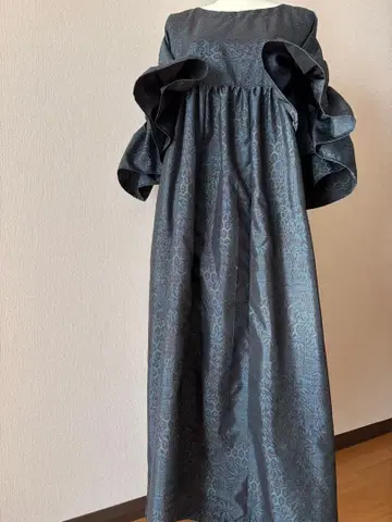 기모노 리메이크 오시마 명주 프릴 소매의 넉넉한 원피스 블루그린