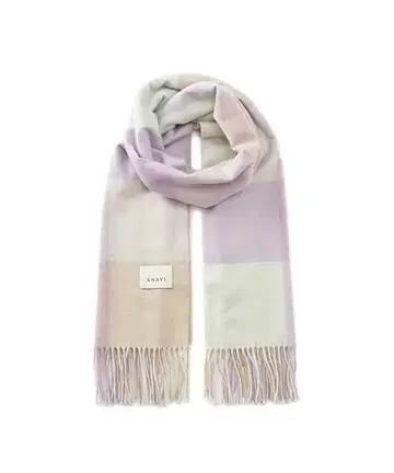 아나이 캐시미어 스톨 머플러 라벤더 퍼플 체크 대형