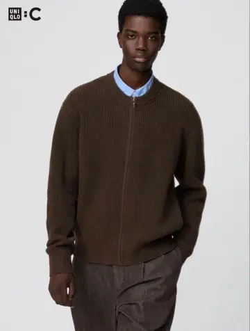 새상품 유니클로C 크루넥 풀집업 가디건 다크 브라운 M
