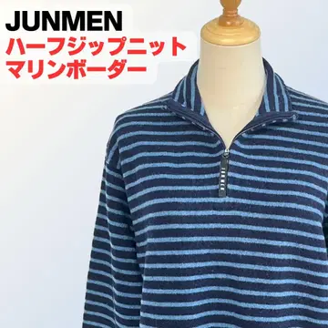 준맨 울 100% 하프 지퍼 니트 마린 보더